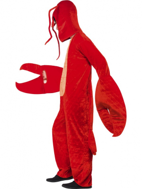 Volledig in cognito met Carnaval of een ander gek themafeest: Lobster Kreeft All in One Kostuum. Groot Rood Pak met rits van voren, scharen bij je handen en losse kreeft kop. We verkopen nog veel meer All in One dieren kostuums verkleedkleding.