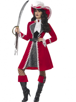 Prachtig Deluxe Authentiek Kapitein Piraten Kostuum compleet met mooie jurk, prachtige jas met veel details, chocker ketting en bootcovers (schoenhoezen. Met de gebruikelijke piratenhoed en een zwaard maakt je de look helemaal compleet. Leuk voor Carnaval of een ander themafeest. 