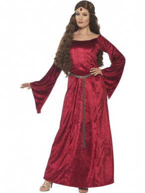 Mooie Medieval Maid Rode Lange Jurk Verkleedkleding. Prachtige lange blauwe jurk met lange uitlopende mouwen, riem en haarband met steen. De Pruik van het plaatje verkopen we los. U bent in 1 keer klaar. Leuk voor Carnaval of Old English Tales Themafeest Terug naar Toen.