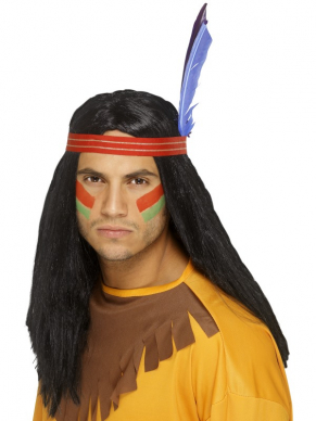 Zwarte Halflange Indianenpruik met haarband en veer. 
