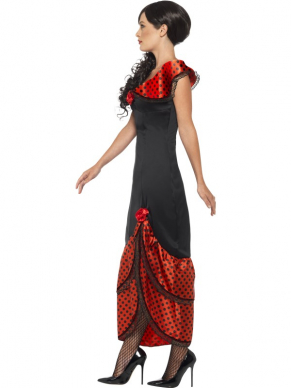Flamenco Senorita Spaanse Jurk Verkleedkleding met sexy spaanse jurk met split en haarstuk (bloem). Leuk voor een Spaans themafeest of Carnaval. 