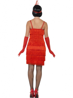 Rood 1920's Flapper Kostuum, bestaande uit het rode jurkje met franjes, rode handschoenen en een leuke hoofdband. Bekijk hier onze gehele Twenties Collectie .