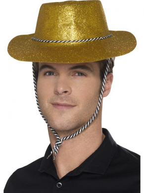 Gouden Glitter plastic cowboy cowgirl hoed met koord. Unisex One size fits most. Leuk voor een feestje met cowboy thema. We verkopen nog veel meer hoeden in diverse kleuren. 