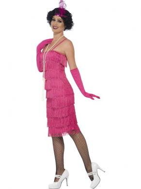 Compleet kostuum voor je 1920's Charlston Flapper feest: Roze halflange flapper jurk met franjes, haarband met glitters en veer en de roze handschoenen. Maak je look compleet met een boa, netpanty en parelketting. Deze jurk is ook verkrijgbaar in andere kleuren. Leuke betaalbare verkleedkleding voor Carnaval, themafeesten, charlston flapper feest. 