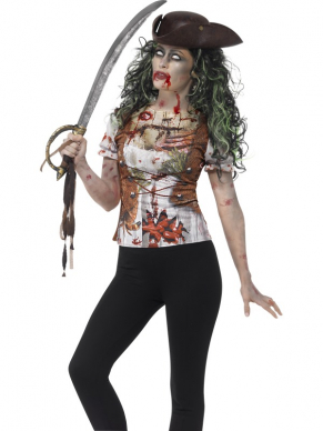 Scary Zombie Piraten Dames Horror T-shirt met veel details. Combineer met Piraten accessoires: piratenhoed, zwaard, ooglapje en voor een extra enge zombie look combiner met een van onze vele horror schmink setjes make up, contactlenzen en nepwonden en bloed.