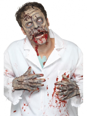 Op zoek naar DE finishing touch voor uw horror halloween kostuum dan is deze set echt geweldig: latex zombie masker (half masker zodat u wel nog kunt eten en drinken) en bijpassende horror handen (die u als handschoenen aantrekt). Maak nog af met wat nepbloed en u bent klaar voor uw horror feest. 