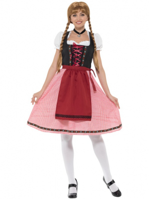 Bavarian Tavern Maid Kostuum, bestaande uit een witte top, jurk en schort. Geschikt voor het Oktoberfest of een Tiroler feestje.