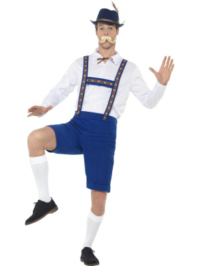 Draag dit geweldige blauwe Beierse kostuum met wit shirt en lederhosen tijdens het Oktoberfest of welk ander Tirolerfeestje dan ook.