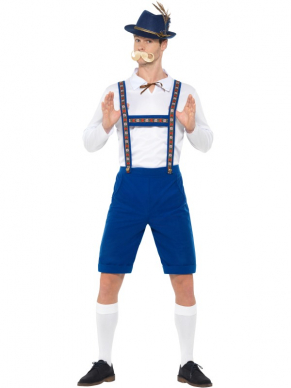 Draag dit geweldige blauwe Beierse kostuum met wit shirt en lederhosen tijdens het Oktoberfest of welk ander Tirolerfeestje dan ook.