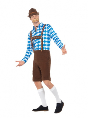 Met dit Bavarian Beer Man Kostuum steel jij de show op het Oktoberfest of een ander Tiroler feestje. Het kostuum bestaat uit een blauw/wit geruit shirt en een bruine lederhosen.