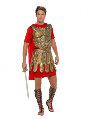Met dit Economy Roman Gladiator Kostuum waan je je in de tijd van de Romeinen.Het kostuum bestaat uit een goud met rode tuniek met borst harnas. Voor accessoires kijk hier.