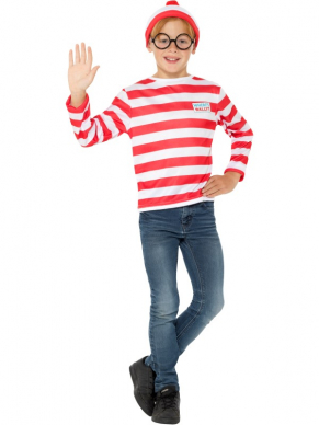 Waar is Wally? verkleedsetje, bestaande uit een rood/wit samengestelde top, hoed en bril.