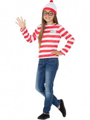 Waar is Wally? verkleedsetje, bestaande uit een rood/wit samengestelde top, hoed en bril.