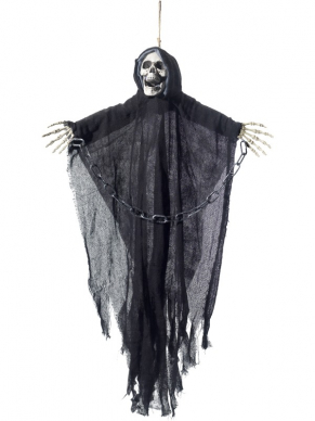 Hangende Black Reaper Skeleton met cape en kettingen ter decoratie op jouw Halloweenparty.
Afm:70x90cm 