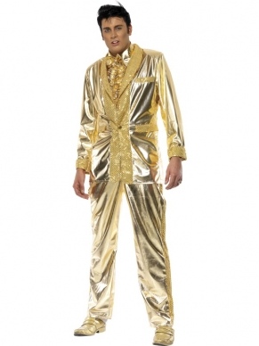 Gouden Elvis Lamé 70's Heren Kostuum, bestaande uit de goudkleurige jas, bovenste gedeelte van de blouse en een broek. We verkopen nog veel meer Elvis Presley kostuums en accessoires.