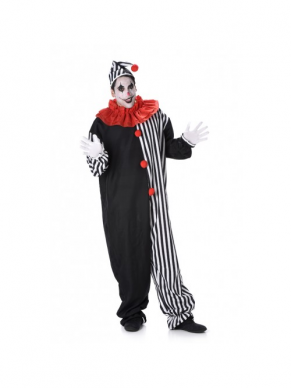 Male Clown Kostuum voor Halloween. Dit kostuum bestaat uit een jumpsuit met kraag en bijpassend hoedje.