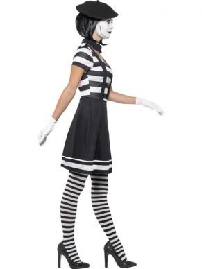 Lady Mime Artist Kostuum, bestaande uit een Jurkje, Kraag, Baret, Handschoenen, Panty & Make-Up. Leuk te combineren met het Gentleman Mime Artist Kostuum.