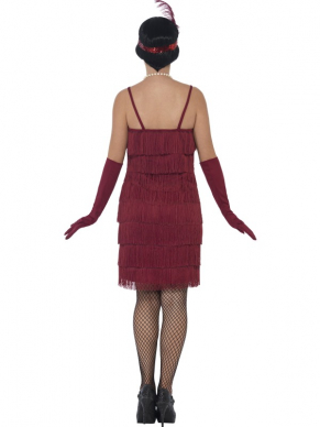 Flapper Jurk in de kleur Burgundy Red, dit kostuum bestaat uit een kort jurkje met hoofdband en handschoenen. Leuk voor een 1920's Party. Kijk hier voor bijpassende 1920's accessoires en pruiken.