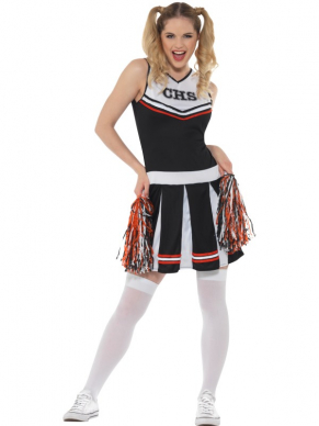 Cheerleader Kostuum, bestaande uit een zwart jurkje met pompoms.Leuk voor Carnaval of High School Party.