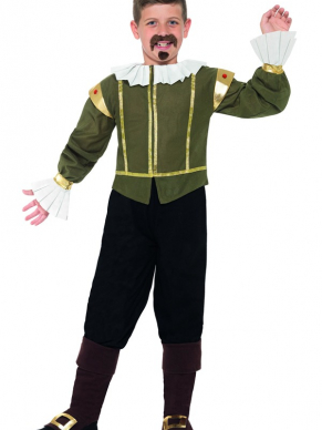 Shakespeare-kostuum bestaande uit een groen jasje met zwarte broek, bootcovers, kraag en sik.