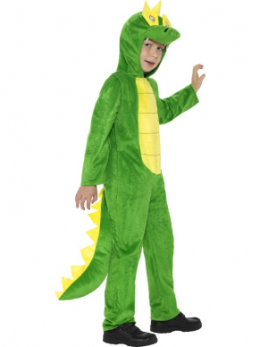Deluxe Krokodillenkostuum, bestaande uit de groene jumpsuit met muts en staart.