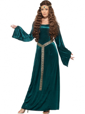 Terug naar de Middeleeuwen met dit prachtige groene middeleeuwse meidkostuum, bestaande uit de jurk met haarband.