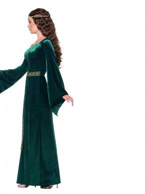 Terug naar de Middeleeuwen met dit prachtige groene middeleeuwse meidkostuum, bestaande uit de jurk met haarband.