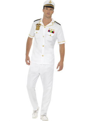 Wit Kapiteins Kostuum, bestaande uit de top met broek en pet. Maak de look compleet met bijpassende accessoires.