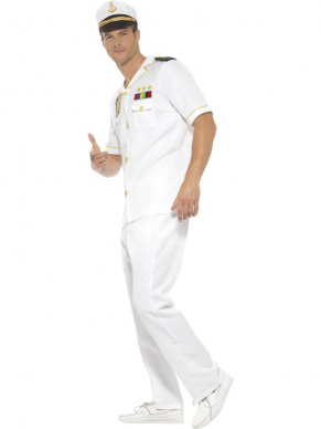 Wit Kapiteins Kostuum, bestaande uit de top met broek en pet. Maak de look compleet met bijpassende accessoires.