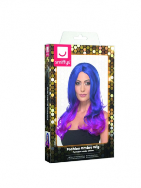 Fashion Ombre Pruik, Wavy, Long, Blue & Pink, Heat Resistant/ Styleable.