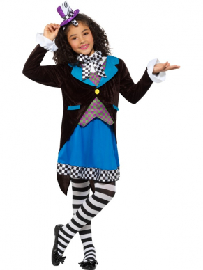 Bekend van Alice in Wonderland, Deluxe Little Miss Hatter Kostuum, bestaande uit de jurk met aangehecht jasje, sjaaltje en hoedje. Maak de look compleet met de bijpassende panty.