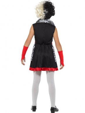 Bekend van de film 101 Dalmatiërs, Evil Little Madame Kostuum, bestaande uit het jurkje met aangehecht jasje en de handschoenen. Maak de look compleet met de bijpassende pruik en panty.