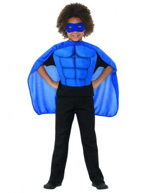  Kids Superhero Kit, bestaande uit de blauwe cape met oogmasker. Ook verkrijgbaar in andere kleuren.