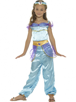  Arabian Princess kostuum, bestaande uit de broek met top en haarband. Leuk voor Carnaval of een themafeestje. Maak de look af met de bijpassende pruik.