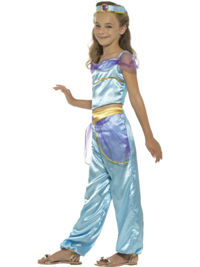  Arabian Princess kostuum, bestaande uit de broek met top en haarband. Leuk voor Carnaval of een themafeestje. Maak de look af met de bijpassende pruik.