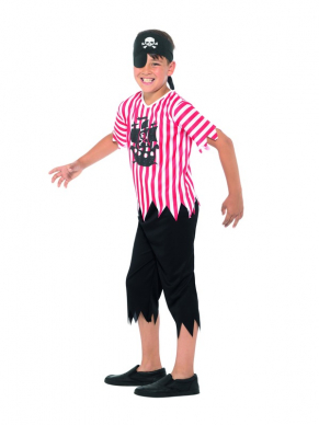 Leuk Jolly Piraten Kostuum, bestaande uit de rood/witte top met broek, bandana en ooglapje. Je bent in één keer klaar voor Carnaval of een ander themafeestje.