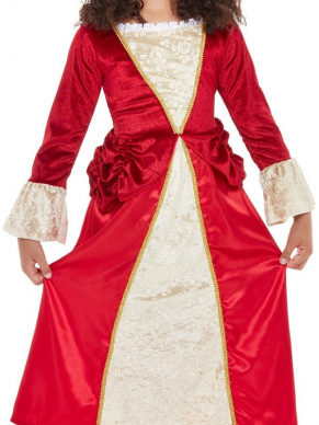 Waan je terug in de tijd met dit Tudor Princessen-kostuum , bestaande uit de rood/goudkleurige jurk met haarband. Wij verkopen nog meer Historische Kostuums voor kinderen.