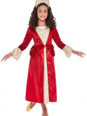 Waan je terug in de tijd met dit Tudor Princessen-kostuum , bestaande uit de rood/goudkleurige jurk met haarband. Wij verkopen nog meer Historische Kostuums voor kinderen.