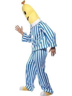 Bananas in Pyjama heren verkleedkleding bestaande uit top, broek, bananahoofdstuk, schoenstukken en verwisselbaar B1 en B2 logo. Prijs is voor 1 kostuum.