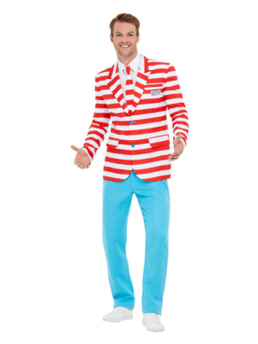  Where's Wally? Suit, bestaande uit het rood/wit gestreepte jasje met blauwe broek en bijpassende stropdas. Leuk te combineren met het Where's Wally Wenda Kostuum.