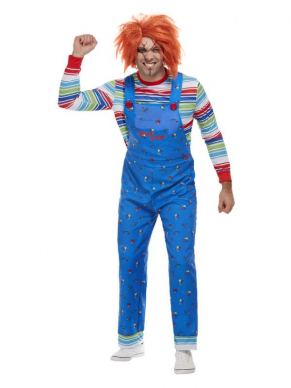 Jaag iedereen de stuipen op het lijf tijdens Halloween met dit enge Chucky Kostuum voor heren, bestaande uit de blauwe tuinpak met gestreept shirt. Wij verkopen ook het Chucky Dames Kostuum, de pruik en het masker.