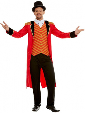 Deluxe Ringmaster Kostuum, bestaande uit het rode jasje met mockshirt en broek. Maak de look compleet met een bijpassende hoed en een zweep. Wij verkopen ook het Deluxe Ringmaster Kostuum voor dames en kinderen.