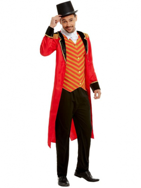Deluxe Ringmaster Kostuum, bestaande uit het rode jasje met mockshirt en broek. Maak de look compleet met een bijpassende hoed en een zweep. Wij verkopen ook het Deluxe Ringmaster Kostuum voor dames en kinderen.