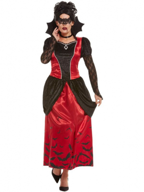  Gothic Vampiress-kostuum, bestaande uit de jurk met oogmasker. Maak de look compleet met kledingaccessoires zoals nepbloed, vampiertanden, pruik en sieraden. Bekijk hier onze gehele Vampier Collectie .