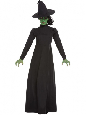  Wicked Witch-kostuum, bestaande uit de lange zwarte Heksenjurk met hoed. Maak de look compleet met onze groene schmink. pruik en nagels en je bent klaar voor Halloween.