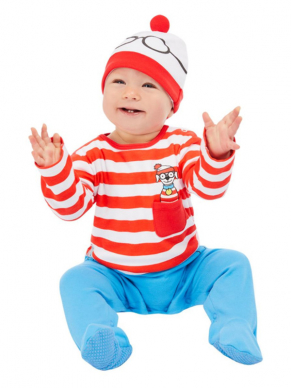 Voor het aller aller kleinste dit leuke Where's Wally? Babykostuum, bestaande uit de all in one jumpsuit met mutsje.