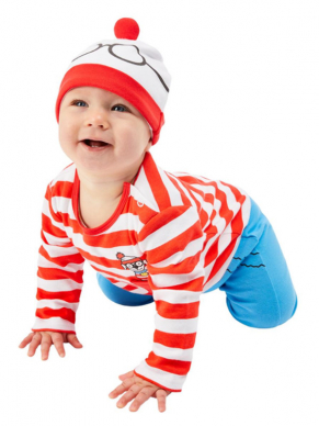 Voor het aller aller kleinste dit leuke Where's Wally? Babykostuum, bestaande uit de all in one jumpsuit met mutsje.