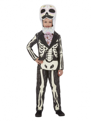 Deluxe DOTD Senor zwart/roze Kinderkostuum. Dit kostuum bestaat uit een Jasje, Top, Broek en Hoed. Met dit kostuum ben je in 1 keer klaar voor jouw Halloweenfeest.