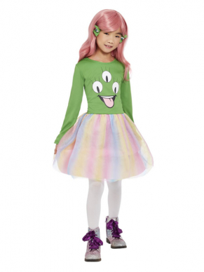 Buitenaards Kinderkostuum. Dit kostuum bestaat uit de Groen/multigekleurde jurk met horizontale haarclips. Dit kostuum is perfect voor Halloween als je niets engs wilt dragen.