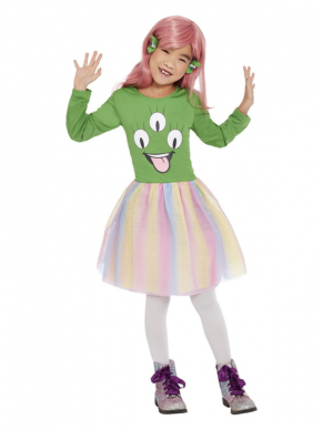 Buitenaards Kinderkostuum. Dit kostuum bestaat uit de Groen/multigekleurde jurk met horizontale haarclips. Dit kostuum is perfect voor Halloween als je niets engs wilt dragen.